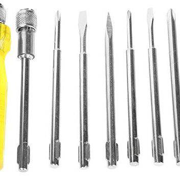 Interchangeable screwdriver bit set with yellow handle (flathead & Phillips bits)